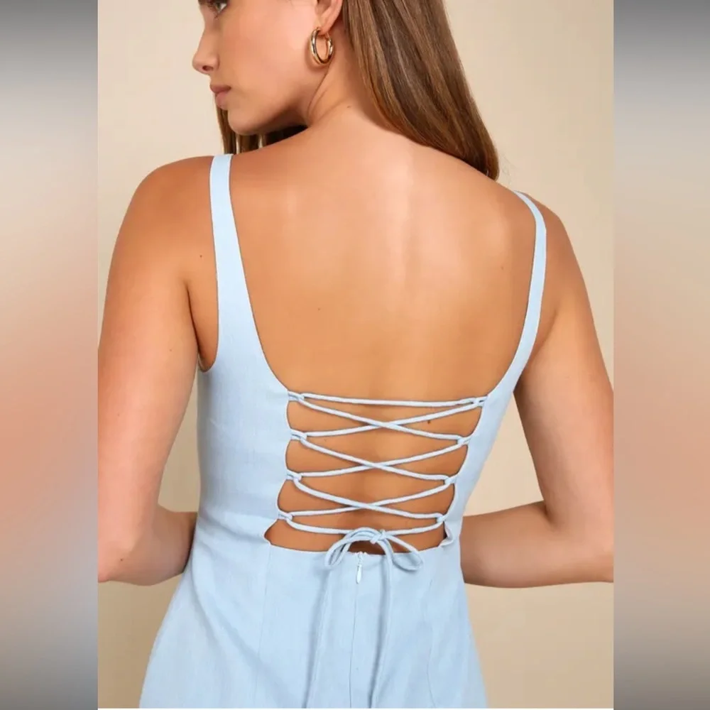 NWT Lulus Adorable Concept Blue Lace-Up Backless Drop Waist Mini Dress Sz M - Picture 3 of 3